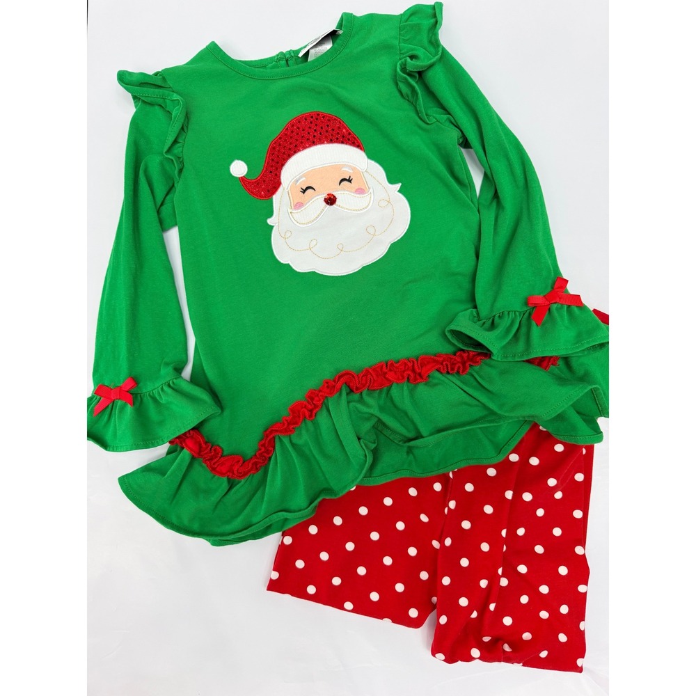 Rare Editions Girls Santa Claus Ruffle Tunic and Polka Dot Leggings Set Green 6